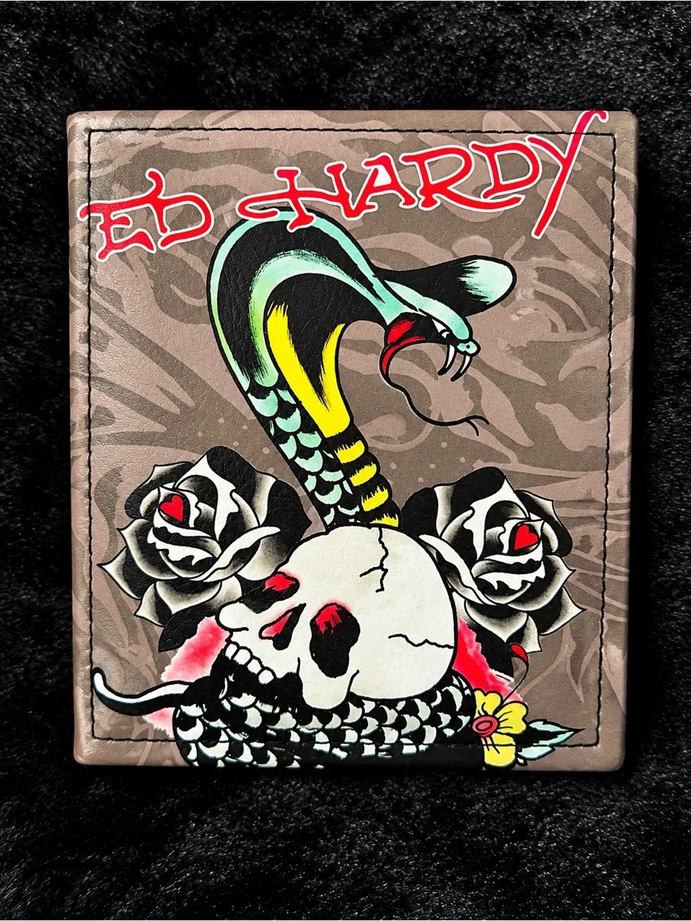Ed Hardy Black Textured Bifold Wallet with Silver Logo